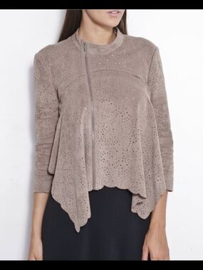 BCBGMaxAzria Taupe Perforated Suede Asymmetrical Zip Jacket